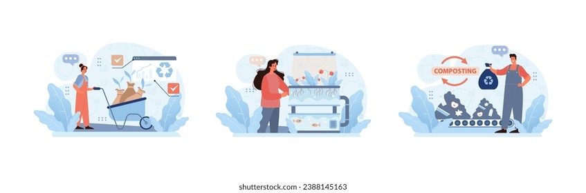Sustainable living set. City resident tending to urban garden, aquaponic system maintenance, and promoting composting. Eco-friendly urban farming, green city lifestyles. Flat vector illustration