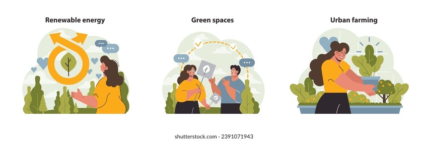 Sustainable living set. Exploring renewable energy, celebrating lush green spaces, embracing urban farming. Nature integration, clean energy. Urban greening. Flat vector illustration