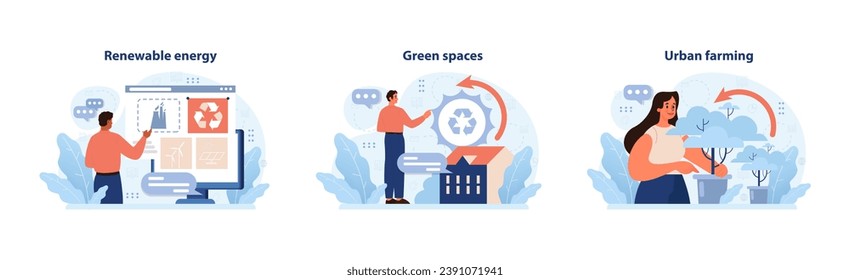 Sustainable living set. Man explores renewable energy methods, green city solutions, woman promotes urban agriculture. Harnessing wind, recycling in urban areas, rooftop farming. vector illustration