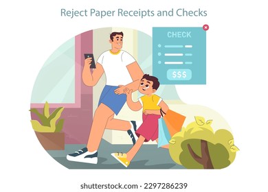 Sustainable living. Sustainability and eco-friendly tips for every-day life. Little boy learning about carbon footprint reduction, shopping with his father. Flat vector illustration