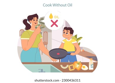 Sustainable living. Sustainability and eco-friendly tips for every-day life. Little boy learning about waste reduction, helping his mother to prepare food without oil. Flat vector illustration