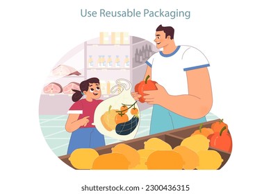 Sustainable living. Sustainability and eco-friendly tips for every-day life. Little girl learning about waste reduction. Father and daughter shopping for groceries. Flat vector illustration