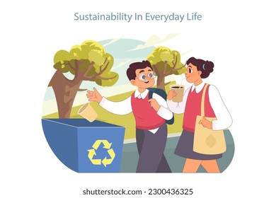 Sustainable living. Sustainability and eco-friendly tips for every-day life. Children learning about recycling and carbon footprint reduction. Flat vector illustration