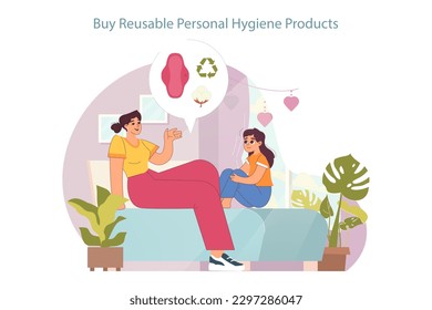 Sustainable living. Sustainability tips for every-day life. Teenage girl learning about reusable personal hygiene products. Mom talking about periods with daughter. Flat vector illustration