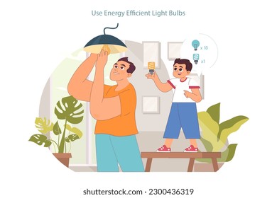 Sustainable living. Sustainability tips for every-day life. Little boy learning about energy efficiency helping his father to change a regular lightbulb with a led one. Flat vector illustration