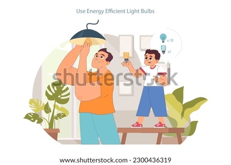 Sustainable living. Sustainability tips for every-day life. Little boy learning about energy efficiency helping his father to change a regular lightbulb with a led one. Flat vector illustration