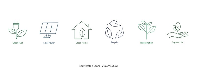 Icono del vector vivo sostenible: Combustible verde, energía solar, hogar verde, materiales reciclables, reforestación y vida orgánica - Estilo de vida ecológico en formato escalable