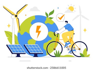 Sustainable Living Vector Illustration featuring Eco Friendly Practices, Wind Turbines Generating Renewable Energy and an Environmentally Green Energy