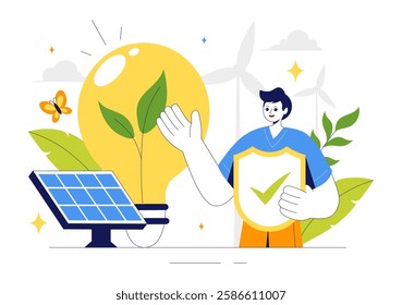 Sustainable Living Vector Illustration featuring Eco Friendly Practices, Wind Turbines Generating Renewable Energy and an Environmentally Green Energy