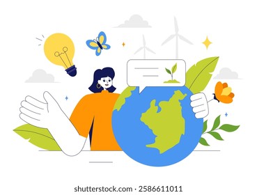 Sustainable Living Vector Illustration featuring Eco Friendly Practices, Wind Turbines Generating Renewable Energy and an Environmentally Green Energy