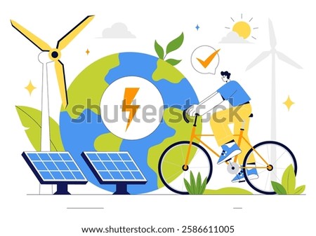 Sustainable Living Vector Illustration featuring Eco Friendly Practices, Wind Turbines Generating Renewable Energy and an Environmentally Green Energy