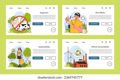 Sustainable living web banner or landing page set. Vegan and cruelty free organic diet. Animal rights. Organic plant-based nutrition. Ethical consumption and zero waste. Flat vector illustration