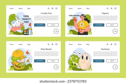 Sustainable living web banner or landing page set. Vegan and cruelty free organic diet. Animal rights. Organic plant-based nutrition. Ethical consumption and zero waste. Flat vector illustration