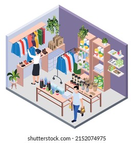 Sustainable living zero waste 3d illustration of store interior with ecological production isometric vector illustration