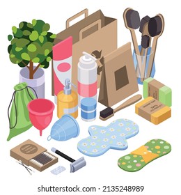 Sustainable living zero waste design concept with natural cosmetics and health care items isometric vector illustration