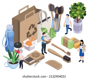 Sustainable Living Zero Waste Isometric Background With Wooden Appearance Care Items Natural Soap Peaces Paper And Cotton Bag Vector Illustration