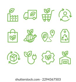 Sustainable logistics and supply chain.Vector simple line icon set for eco, recycle or sustainable products.	