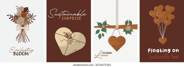 Sustainable Love Eco-Friendly Valentine's Day Illustrations Set. collection featuring eco-conscious romantic designs. Eco-friendly valentine's day posters collection. Ecology. Vector illustration