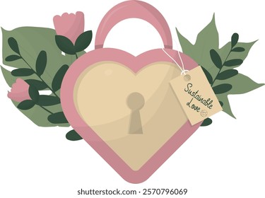 Sustainable Love Heart Lock with Eco-Friendly Tag. Eco-friendly lock vector isolated on transparent background. Love and valentines day concept. Ecological love. Sustainable life. Vector illustration