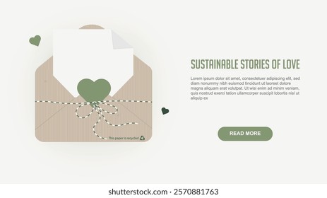 Sustainable Love Letter in Recycled Envelope with Green Heart banner. Recycled kraft envelope, white eco-friendly messaging for sustainable romance. Ecological love concept. Vector illustration