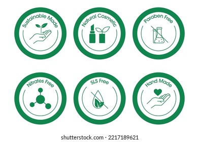 sustainable made, natural cosmetic, paraben free, nitrates free, sls free, hand made icon set vector illustration 