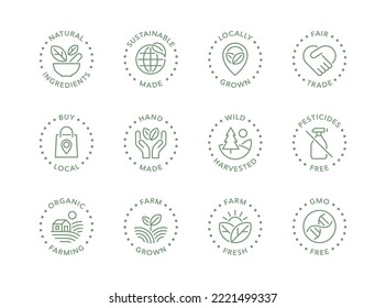 Conjunto de iconos de emblemas vectoriales de productos fabricados de manera sostenible