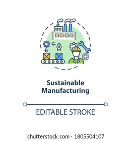 Sustainable manufacturing concept icon. Ecoological factory production. Responsible development idea thin line illustration. Vector isolated outline RGB color drawing. Editable stroke