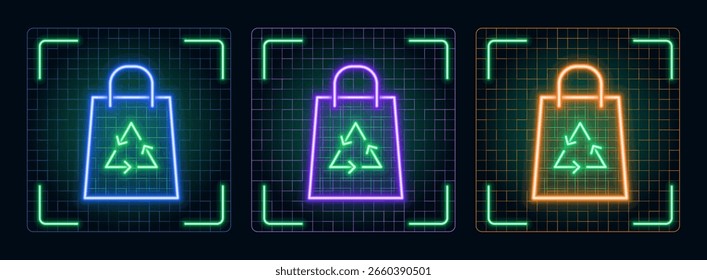 Sustainable material ecobag icon illustration, ecology green environment vector symbol collection, cyber neon visual, glowing borders frames.