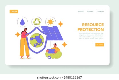 Sustainable Materials concept. An illustration promoting resource protection with icons of solar energy, recycling, and water conservation. Advocacy for eco-friendly living. Vector illustration.