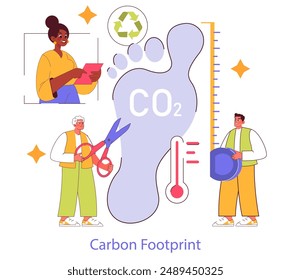 Sustainable Materials concept. Individuals measure, reduce carbon footprint through recycling and energy conservation. Vector illustration.