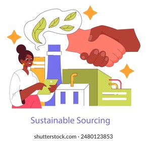 Sustainable Materials concept. Partnership in eco-friendly production with a focus on responsible sourcing. Factory, handshake and green ethics. Vector illustration.