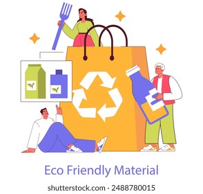 Sustainable Materials concept. People engaging with eco-friendly items and recycling symbol. Environmental stewardship and green lifestyle choices. Vector illustration.