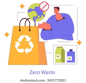 Sustainable Materials concept. A person considers eco-friendly choices, reflecting on a zero waste lifestyle. Shopping bag with recycle symbol and plastic-free world. Vector illustration.