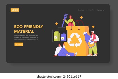 Sustainable Materials concept. Website landing page promoting eco-friendly materials with recycling symbols. People engaging in sustainable practices. Vector illustration.