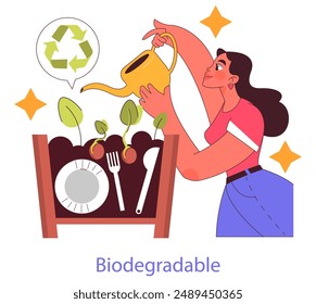 Concepto de materiales sostenibles. La mujer alimenta los brotes que crecen de utensilios biodegradables. Estilo de vida ecológico y reducción de residuos. Ilustración vectorial.