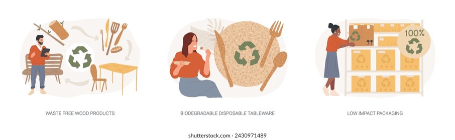 Sustainable materials isolated concept vector illustration set. Waste free wood products, biodegradable eco friendly disposable tableware, low impact packaging, shipping box vector concept.