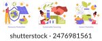 Sustainable Materials set. Conservation concepts with resource protection, responsible sourcing, and eco-friendly chemistry. People interacting with environmental elements. Vector illustration.