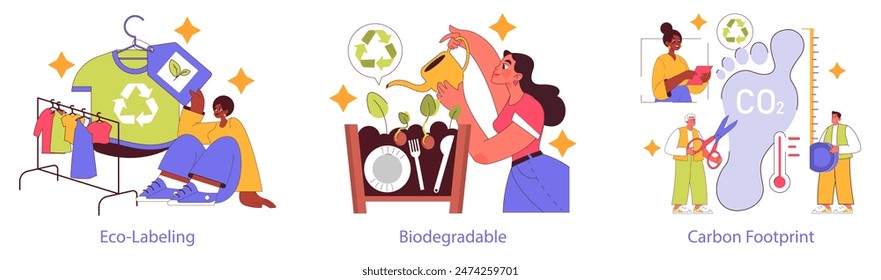 Nachhaltige Materialien gesetzt. Umweltkennzeichnung, biologisch abbaubare Produkte und Reduzierung des CO2-Fußabdrucks. Umweltbewusstsein bei Entscheidungen des täglichen Lebens. Vektorillustration.