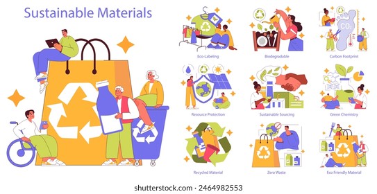 Conjunto de materiales sostenibles. Promover la ecología a través del reciclaje, opciones biodegradables y reducción de la huella de carbono. Educar sobre química ecológica y protección de recursos. Ilustración vectorial.