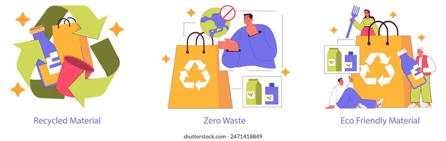 Sustainable Materials set. Promoting recycling, zero waste lifestyle, and eco-friendly products. Environmental awareness and conservation efforts. Vector illustration.