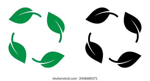 Diseño de Vector de materiales sustentables para empaques. Icono de 4 hojas. Pegatina de color de reciclaje.