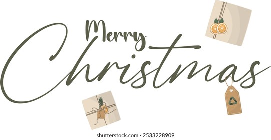 Sustainable Merry Christmas Greeting with Eco Gifts. Merry christmas text isolated on white background. Merry christmas with sustainable gift wrapping. Eco-friendly christmas illustration. 