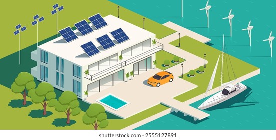 Sustainable modern house with solar panels and wind turbines. Vector illustration