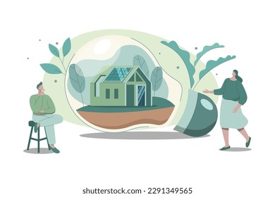 Sustainable natural energy smart home in a light bulb, Alternative power supply, Clean green power from renewable sources concept. Vector design illustration.