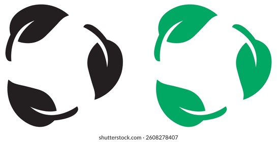 Sustainable nature loop vector icons. Circular leaf recycle graphic design. Renewable energy green leaf symbols. Organic eco recycling vector elements. Green loop nature recycle. Vector illustration