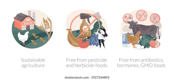 Sustainable organic agriculture abstract concept vector illustration set. Free from pesticide and herbicide, antibiotics hormones GMO food, farming process, ecology oriented growing abstract metaphor.