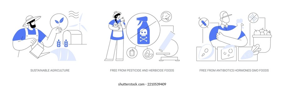 Sustainable Organic Agriculture Abstract Concept Vector Illustration Set. Free From Pesticide And Herbicide, Antibiotics Hormones GMO Food, Farming Process, Ecology Oriented Growing Abstract Metaphor.