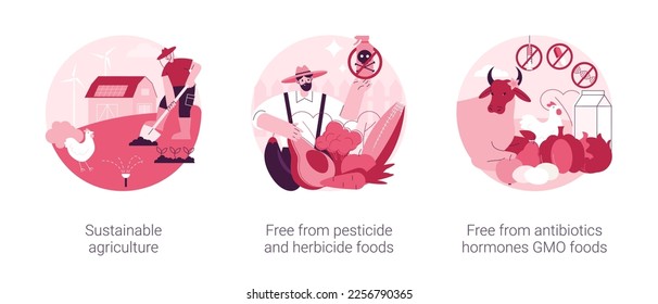 Sustainable organic agriculture abstract concept vector illustration set. Free from pesticide and herbicide, antibiotics hormones GMO food, farming process, ecology oriented growing abstract metaphor.