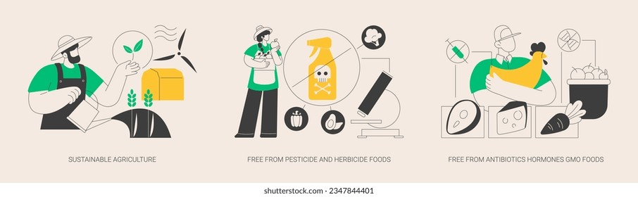 Sustainable organic agriculture abstract concept vector illustration set. Free from pesticide and herbicide, antibiotics hormones GMO food, farming process, ecology oriented growing abstract metaphor.