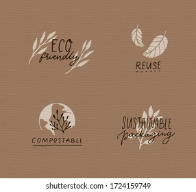 Sustainable package badges and stamps design on craft paper. Minimalism eco labels, compostable sign